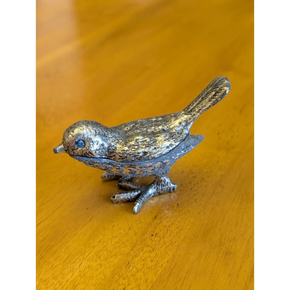 MCM Vintage FLORENZA Silver Cast Metal Blue Rhinestone Eyed Bird Trinket Box 3